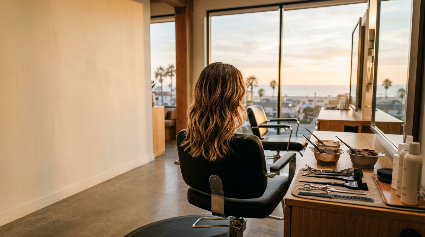 A client in the chair at sunset, ocean through the window